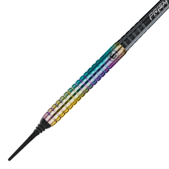 Šipky Winmau Foxfire Urban Soft - 20g Das Bild zeigt einen Winmau Foxfire Urban Softdart mit einem Gewicht von 20 Gramm. Der Dart hat eine bunte, metallisch schimmernde Oberfläche mit feinen Rillen für besseren Halt.