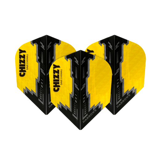 HR7531_Harrows_Dave_Chisnall_Prime_Gelb_Schwarz_No6_Flights_1ILFOdWWeNnc6y Das Bild zeigt die Harrows Prime Dave Chisnall Schwarz No6 Flights. Die Flights sind gelb und schwarz mit dem Schriftzug "CHIZZY" und "HARROWS" darauf.