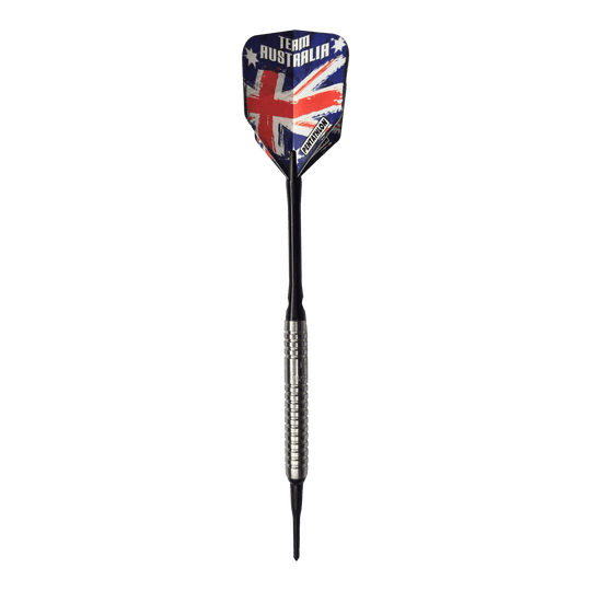 Dardos blandos McDart 85 Tungsten V5 - 16 g Auf dem Bild ist ein Softdart namens "McDart 85er Tungsten V5" mit einem Gewicht von 16g zu sehen. Der Flight zeigt das Design der australischen Flagge und die Aufschrift "Team Australia".