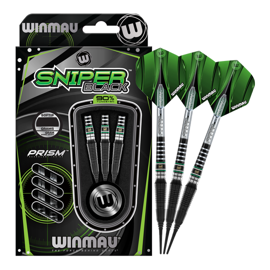 Dardos blandos Winmau Sniper Black 2025 - 20 g Das Bild zeigt die Winmau Sniper Black 2025 Softdarts mit einem Gewicht von 20g. Die Darts sind schwarz und grün gestaltet und werden in einer Verpackung mit drei Stück präsentiert.