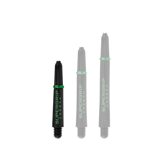 HR360_Harrows_Supergrip_Carbon_Shafts_Gr-n_33mm_1 Das Bild zeigt drei schwarze Harrows Supergrip Carbon Shafts mit grünen Akzenten in verschiedenen Längen. Auf den Schäften steht in grüner Schrift "SUPERGRIP CARBON".