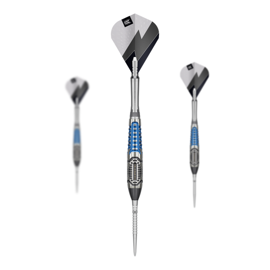 Ocelové šipky Target Phil Taylor Power X Chrono Swiss Points Das Bild zeigt die Target Phil Taylor Power X Chrono Swiss Points Steeldarts. Gezeigt wird ein Satz Darts mit spezieller Gestaltung.