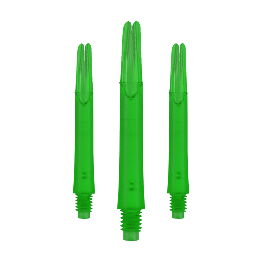 L-L-Style-Shafts Locked Straight - Green Auf dem Bild sind drei gerade, grüne Dartshafts ohne Kappen zu sehen. Sie stehen nebeneinander und haben ein Schraubgewinde am unteren Ende.