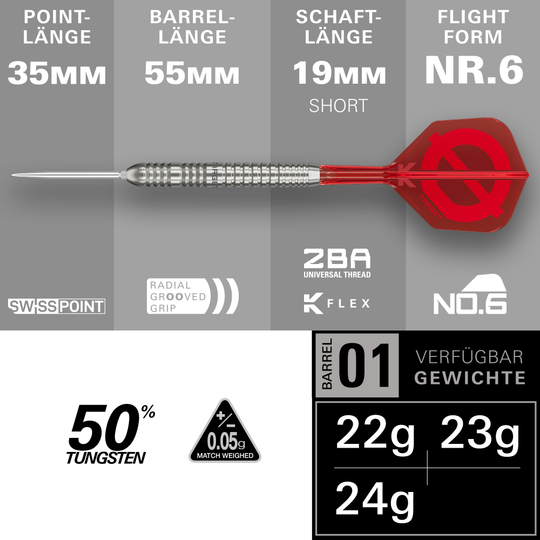Ocelové šipky Target Group O 03 Swiss Points Abgebildet sind die Target Group O 03 Swiss Points Steeldarts. Die perspektivische Ansicht zeigt weitere Merkmale.