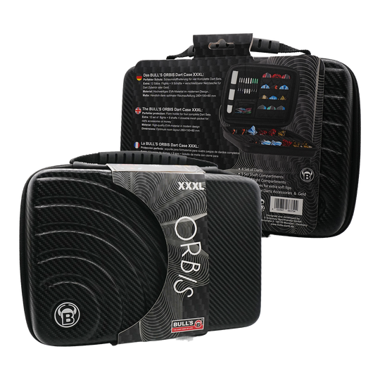 Pouzdro na šipky Bulls Orbis XXL - karbonově šedé Das Bild zeigt das Produkt "Bulls Orbis XXL Dartcase - Carbongrey" in schwarzer Carbon-Optik. Das Dartcase ist groß und bietet Platz für mehrere Dart-Sets und Zubehör.