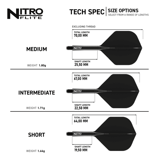 Red Dragon Nitroflite - Black Shaft Black No2 Flights Das Bild zeigt die verschiedenen Größenoptionen des Produkts "Red Dragon Nitroflite - Black Shaft Black No2 Flights" mit technischen Spezifikationen. Es werden die Längen und Gewichte der Ausführungen Medium, Intermediate und Short dargestellt.