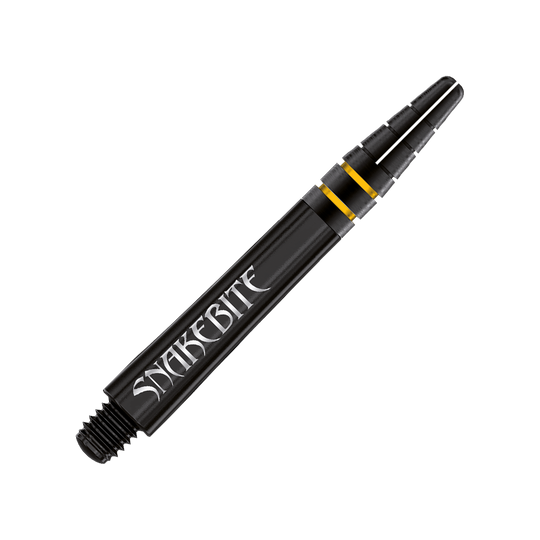 C798_Red_Dragon_Nitrotech_Peter_Wright_Shafts_Schwarz_2 Das Bild zeigt einen schwarzen Dart-Schaft mit der Aufschrift "Snakebite". Es handelt sich um den "Red Dragon Nitrotech Peter Wright Shaft Schwarz" in der Länge von 39 mm.