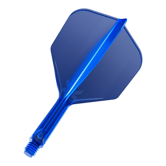 Target K-Flex No6 Flight System - Blue Das Bild zeigt ein blaues Dartflight-System mit integriertem Schaft. Das Material wirkt durchsichtig und hat eine glatte, glänzende Oberfläche.
