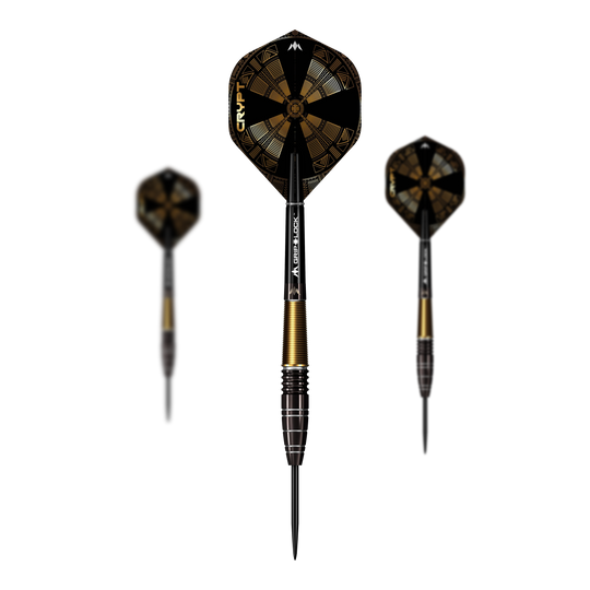 Mission Crypt Model 1 Steeldarts - 22g Die Abbildung zeigt drei Steeldarts des Modells "Mission Crypt Model 1" mit einem Gewicht von 22g. Die Darts sind schwarz-golden gestaltet und haben ein modernes, geometrisches Flight-Design.