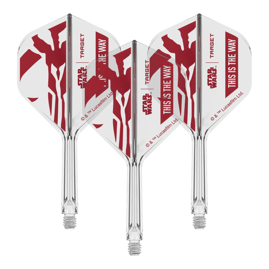 Target Star Wars K-Flex-Set Mandalorian No2 Standard Flights Gezeigt wird das Produkt mit dem Dateinamen 410621_Target_StarWars_K-Flex_ThisIsTheWay_No2_Standard_Flights_26mm_2b. Das Motiv scheint an den Star Wars Spruch 'This is the Way' angelehnt zu sein.