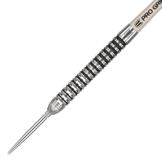 Dardos de acero Target EXO SP01 Swiss Point Das Bild zeigt einen Target EXO SP01 Swiss Point Steeldart. Der Dart hat ein silbernes, geriffeltes Barrel und eine spitze Stahlspitze.