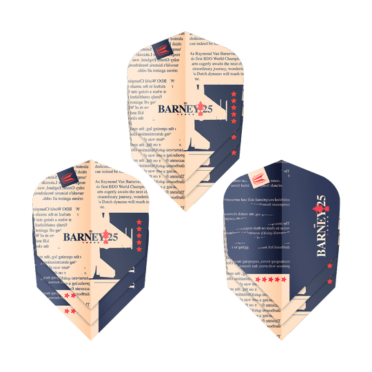 Cíl ProUltra Raymond Van Barneveld Barney25 Ten-X Flights Das Bild zeigt drei Dart-Flights mit dem Design „BARNEY25“ und Sternen. Sie sind in den Farben Dunkelblau und Beige gehalten und tragen Text sowie ein Logo.