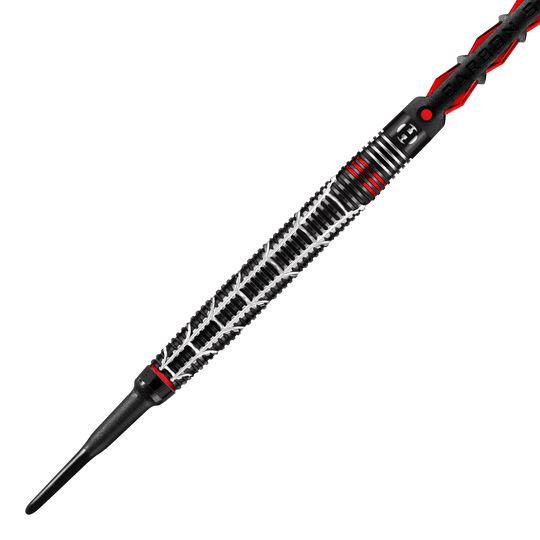 Fléchettes souples Harrows Atrax Auf dem Bild ist ein Softdart-Pfeil mit einem auffällig gemusterten, schwarzen Griff zu sehen. Der Dart hat silberne und rote Akzente, die ihm ein modernes und sportliches Aussehen verleihen.