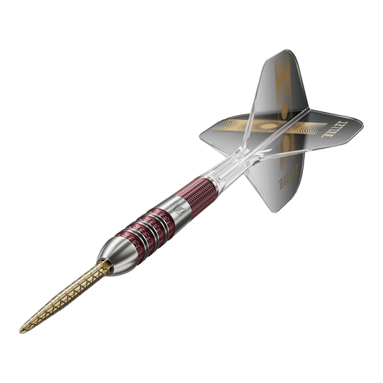 Dardos de acero Target Stephen Bunting 95K Swiss Point Das Bild zeigt einen Target Stephen Bunting 95K Swiss Point Steeldart. Der Dartpfeil hat einen metallic-roten Griff, eine goldene Spitze und schwarze Flights mit dem Schriftzug "BULLET".