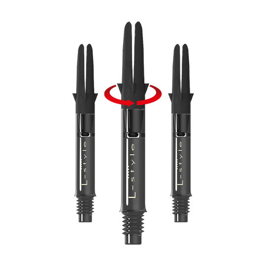 L-Style L-Shaft Carbon Silent Straight - Schwarz 260 Das Bild zeigt drei schwarze Dartschäfte der Marke L-Style in einer geraden Anordnung. Über dem mittleren Schaft ist ein roter Pfeil, der eine Drehbewegung anzeigt.
