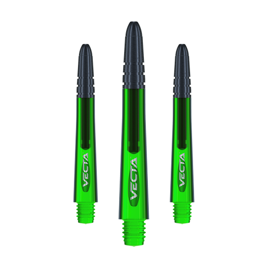7025-204_Winmau_Vecta_Shafts_Gr-n_40mm_1vw2Kkaq4E50tJ Das Bild zeigt drei grüne Winmau Vecta Shafts für Darts. Sie haben einen schwarzen oberen Teil und das Wort "Vecta" steht auf jedem Shaft.