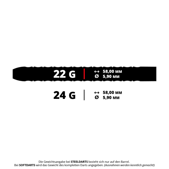 Das Bild zeigt die Maße und Gewichte von Steeldarts in 22 Gramm und 24 Gramm, jeweils mit einer Länge von 58,00 mm und einem Durchmesser von 5,90 mm. Es wird darauf hingewiesen, dass sich die Gewichtsangabe bei Steeldarts nur auf den Barrel bezieht.