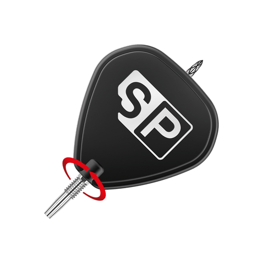 Target Swiss DS Surge Point Dart Tips - Silver Das Bild zeigt die Spitze eines Dartpfeils mit einem schwarzen Flight, auf dem die Buchstaben "SP" in Weiß abgebildet sind. Ein roter Pfeil weist auf den Befestigungspunkt der Spitze hin.