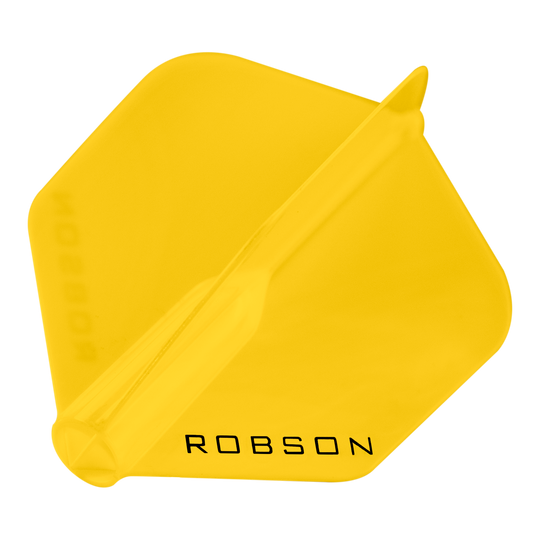 Das Bild zeigt einen gelben Dartflight der Marke Robson. Auf dem Flight steht das Wort "ROBSON" in schwarzer Schrift.