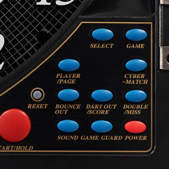 Elektronický terč CB 90 turnajová verze Das Bild zeigt die Tasten und Bedienfelder einer elektronischen Dartscheibe CB 90 Turnierausführung. Mehrere blaue und rote Knöpfe sind mit verschiedenen Funktionen wie "SELECT", "GAME", "POWER" und "RESET" beschriftet.