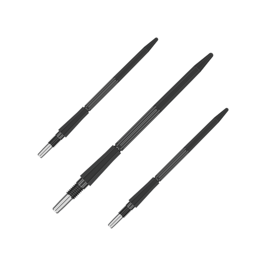 Target Elysian Archetype 43 Swiss Point Steeldartspitzen - Schwarz Das Bild zeigt ein Set schwarzer Dartspitzen mit einer Länge von 42 mm. Sie eignen sich für Dartspieler.