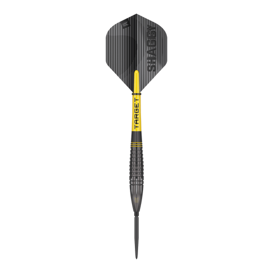 Dardos de acero Target Scott Williams Shaggy Black Swiss Point Dies ist ein Target Scott Williams Shaggy Black Swiss Point Steeldart. Der Dart hat ein schwarzes Design mit gelben Akzenten und der Aufschrift "SHAGGY" auf dem Flight.