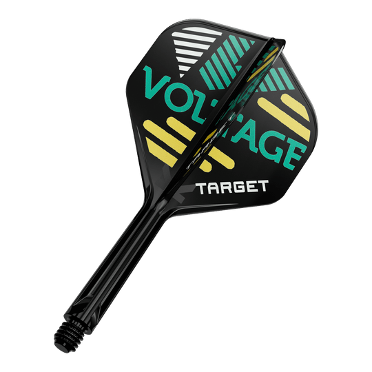 Target K-Flex Rob Cross No2 Standard Flight-Shaft-System Auf dem Bild ist ein Dart-Flügel mit Schaft zu sehen. Auf dem schwarzen Flügel steht in grüner und gelber Schrift „VOLTAGE“ und „TARGET“.