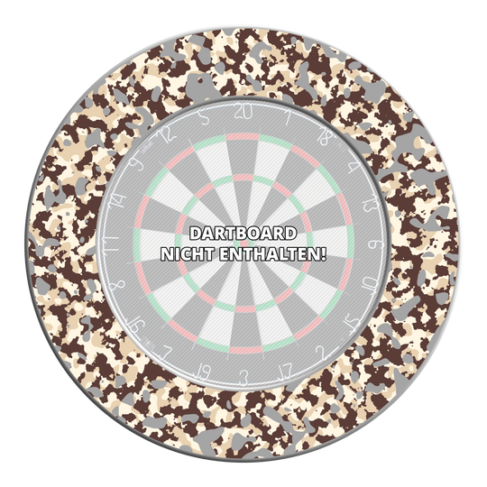 McDart Camo Dartboard Surround Hier ist ein Dartboard-Surround im Wüstendesign abgebildet. Es dient zum Schutz der Wand und verleiht dem Spielbereich einen besonderen Stil.