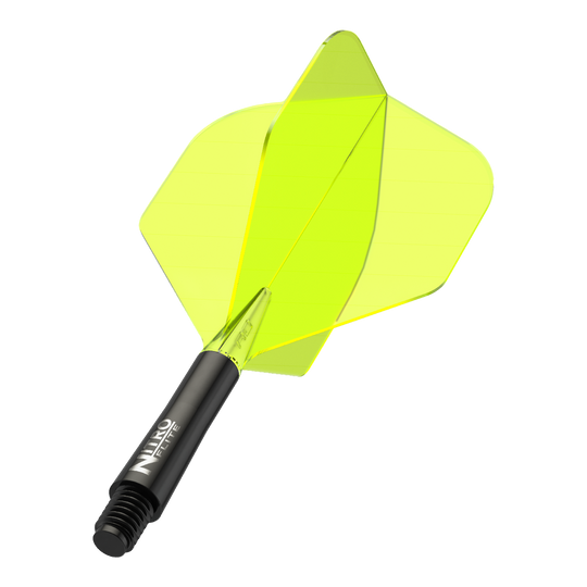 Red Dragon Nitroflite - Black Shaft Yellow No2 Flights Das Bild zeigt ein Dart-Flügel-Set mit einem leuchtend gelben Flight und schwarzem Schaft. Auf dem Schaft steht der Schriftzug "Nitro Flite".