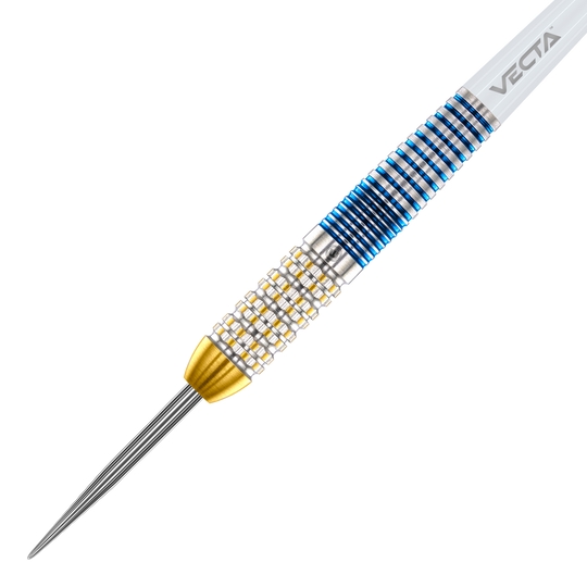 Dardos de acero Winmau Steve Beaton Legend Series Das Bild zeigt einen Winmau Steve Beaton Legend Series Steeldart. Der Dart hat ein silbernes, goldfarbenes und blaues Design mit einer strukturierten Griffzone.