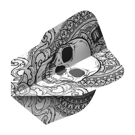 TG488_335480_Target_ProUltra_Ink_Grey_No6_Flights_2 Das Bild zeigt das Produkt "Target ProUltra Ink Grey No6 Flights". Auf dem Flight ist ein detailliertes Totenkopfdesign mit verschiedenen Mustern abgebildet.