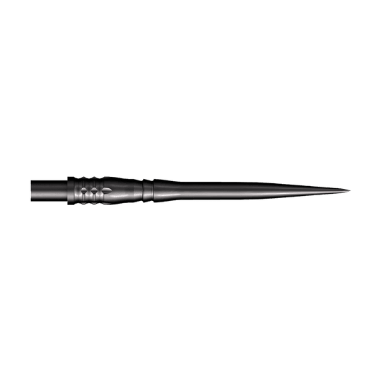 Puntas de dardos Shot Cone Rocket de acero - Negras - 35 mm Das Bild zeigt eine schwarze Steeldart-Spitze mit einer Länge von 35 mm. Die Spitze hat ein schlankes, spitz zulaufendes Design und strukturierte Rillen am Schaft.