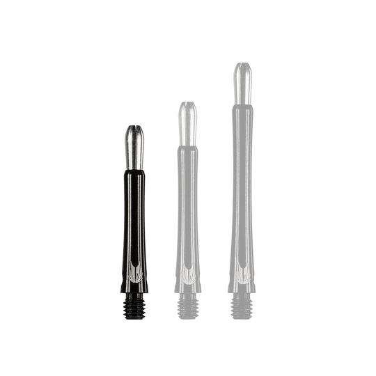 146230_Target_Grip_Style_Aluminium_Shafts_Schwarz_348mm_1Helm198qxQmEr Das Bild zeigt drei schwarze Aluminium-Dartschäfte in unterschiedlichen Längen. Die Schäfte haben ein glänzendes Metallende und ein eingraviertes Muster.