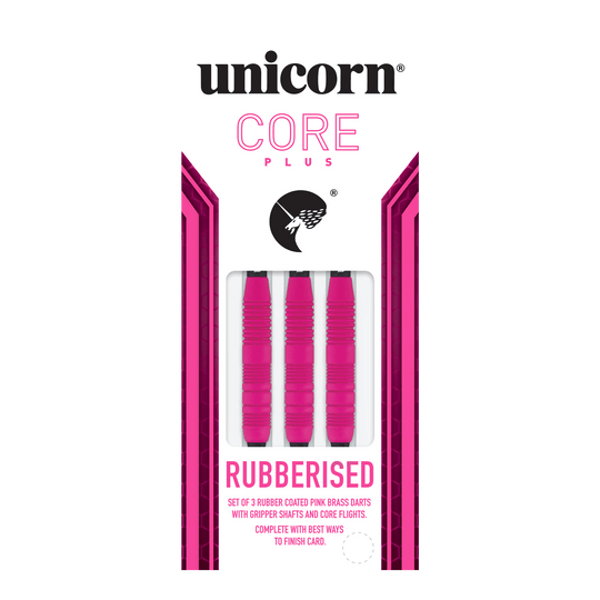 Šipky Unicorn Core Plus pogumované růžové - 19g Das Bild zeigt eine Packung der "Unicorn Core Plus Rubberised Pink Softdarts - 19g". In der Verpackung befinden sich drei pinke, gummierte Softdarts.