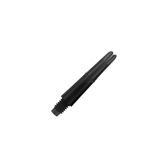Das Bild zeigt einen schwarzen geraden Shafts für Darts mit Gewinde am unteren Ende. Er ist ohne Kappen und hat eine Länge von 26 mm.