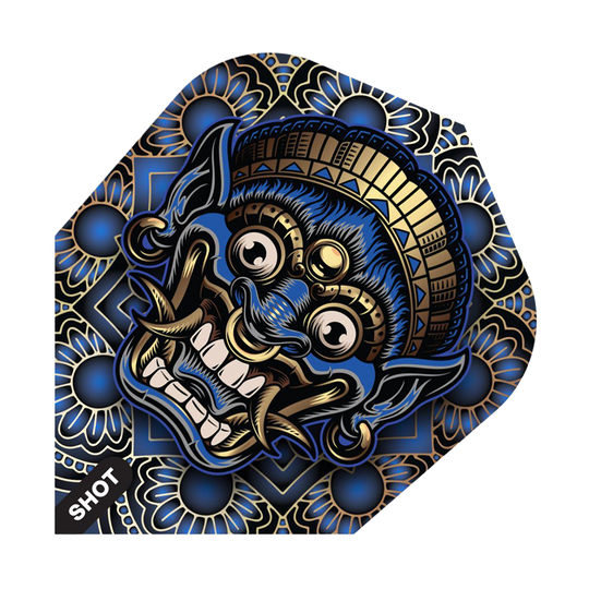 Vuelos de Java No6 con arma tribal de Shot Das Bild zeigt ein Dart-Flight mit einem farbenfrohen, traditionellen Tribal-Design in Blau, Gold und Schwarz. Das auffällige Motiv stellt eine stilisierte, furchteinflößende Maske dar.