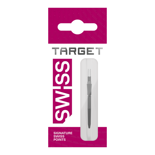 Target Elysian Archetype 43 Swiss Point Steeldartspitzen - Schwarz Hier sind drei schwarze Dartspitzen von Target Elysian Archetype 43 SwissPoint, 30 mm lang, zu sehen. Sie werden als Gruppe präsentiert.