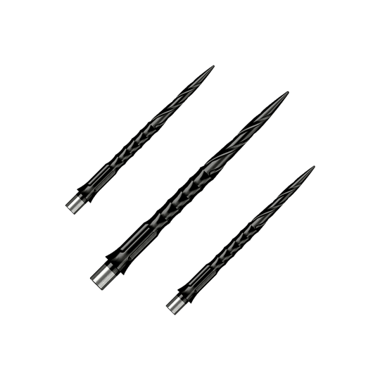 Gezeigt wird ein Set von Steeldartspitzen Caliburn Evo System Spiro NoLip Black, 36mm. Die Spitzen sind für Steeldarts geeignet und schwarz gefärbt.