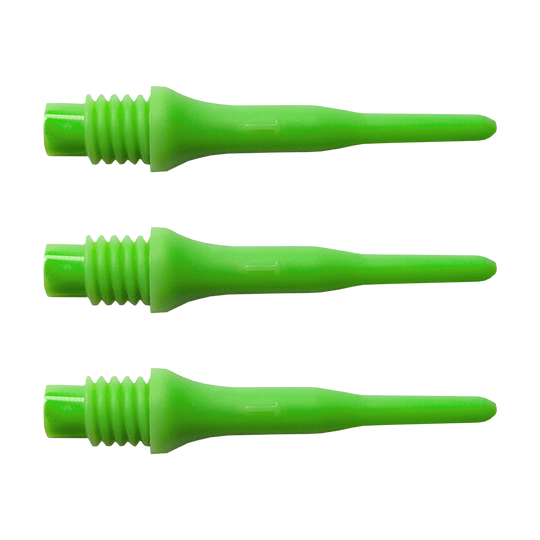 Das Bild zeigt drei grüne Spitzen für Soft-Darts. Diese Spitzen gehören zum Produkt "Bulls Tefo X Spitzen (100er Pack)".