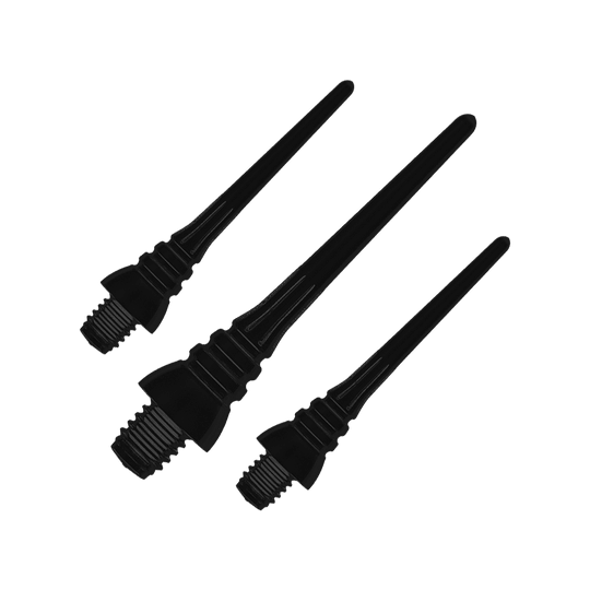 Winmau Triton Softtip Points Softdartspitzen (50-er Pack) Auf dem Bild sind drei schwarze Softdartspitzen zu sehen. Sie liegen nebeneinander und haben ein Gewinde am unteren Ende.
