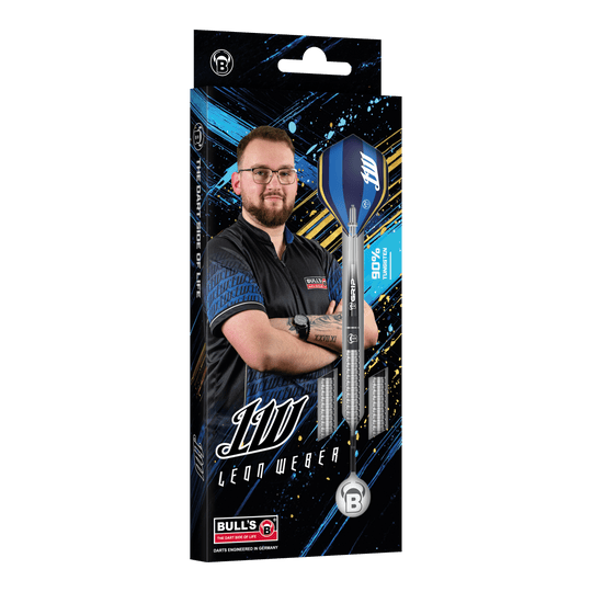 Das Bild zeigt Bulls Leon Weber Softdarts mit 22 Gramm Gewicht. Die Darts sind speziell für Softdart-Spiele entwickelt.
