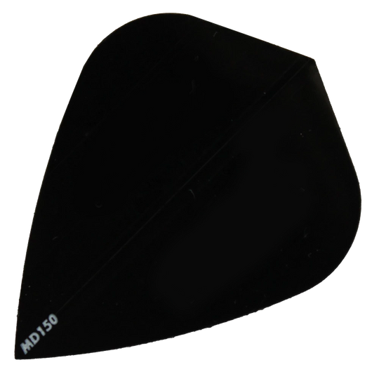 MD150-Kite-Schwarz Das Bild zeigt das Produkt "McDart MD150 - Kite Flight". Es handelt sich um ein schwarzes Dartflight in Form eines Drachens mit der Aufschrift "MD150" in der Ecke.