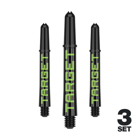 Tiges Target Pro Grip TAG - 3 jeux - Noir Vert Das Bild zeigt drei schwarze Dart-Schäfte mit grünem Schriftzug "TARGET". Unten rechts steht "3 SET", was auf ein Set von drei Stück hinweist.