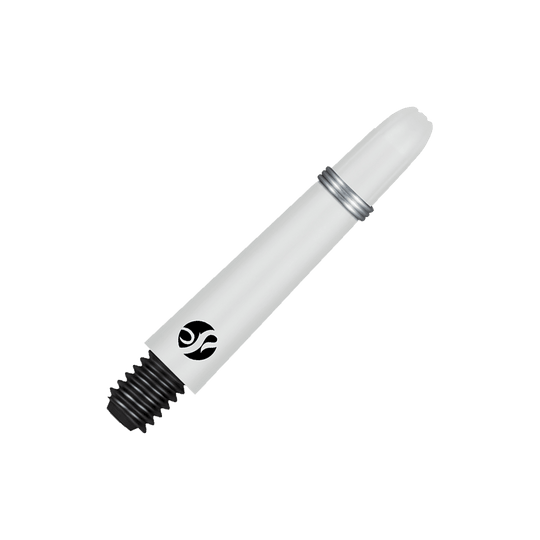 Shot Koi Carbon Shafts - Bianco Das Bild zeigt einen weißen Carbon-Schraubschaft mit einem schwarzen Gewinde. Auf dem Schaft ist ein kleines schwarzes Logo zu sehen.