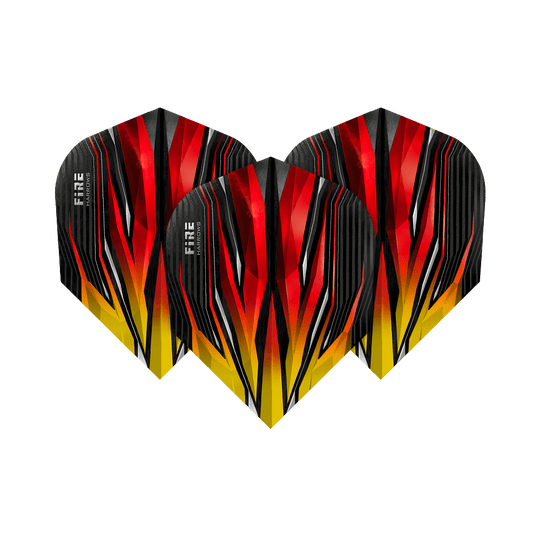 HR3_Harrows_Fire_Two-Tone_Standard_Flights_1TKyLXmeLByCmQ Das Bild zeigt drei Harrows Fire Two-Tone Standard Flights für Dartpfeile. Die Flights sind in auffälligen Rot-, Gelb- und Schwarztönen gestaltet und haben ein modernes, flammenartiges Design.