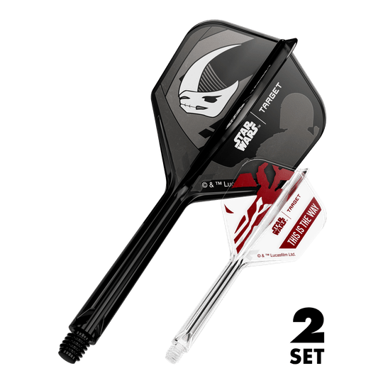 Target Star Wars K-Flex-Set Mandalorian No6 Flights Das Bild zeigt den Artikel '410625_Target_StarWars_K-Flex_Mandalorian_2PackSet_No6_Flights_33mm_1'. Es handelt sich wahrscheinlich um Dart-Flights mit Star Wars Mandalorian Motiv.