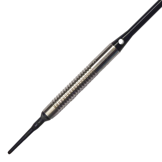 Dardos blandos McDart 85 Tungsten V8 - 18,5 g Das Bild zeigt einen McDart 85er Tungsten V8 Softdart mit einem Gewicht von 18,5 Gramm. Der Dart besteht aus silberfarbenem Metall mit einer geriffelten Griffzone und einer schwarzen Spitze.