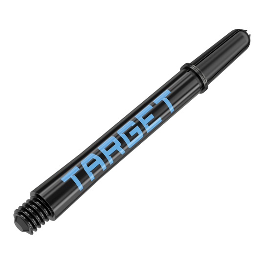 Tiges Target Pro Grip TAG - 3 jeux - Noir et bleu Das Bild zeigt einen schwarzen Dart-Schaft mit blauer Schrift, auf dem "TARGET" steht. Der Schaft hat ein Gewinde am Ende zur Befestigung am Dartpfeil.