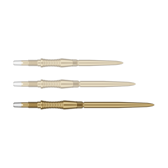 Das Bild zeigt eine Target Swiss Point Dartspitze Signature RST in Gold, 42mm. Diese Dartspitze ist länglich und für professionelle Anwendungen konzipiert.