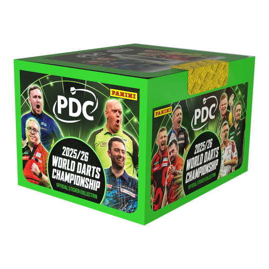 Panini PDC World Darts Championship 2025/26 - Stickerbox mit 65 Tüten Dies ist die Panini PDC World Darts Championship 2025/26 Stickerbox mit 65 Tüten. Die Box ist für das Sammeln von Stickern zur Darts-Weltmeisterschaft geeignet.
